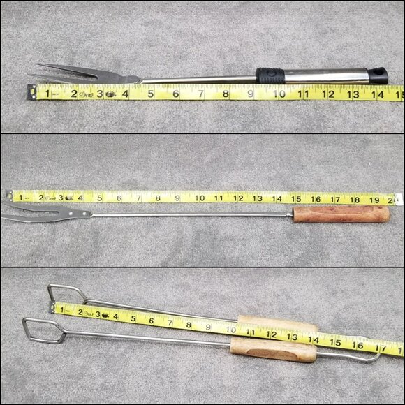 BBQ Grilling Tool Set of LOT 4 Metal Spatula Wood Handle Tongs 2 Tine Long Forks - Picture 10 of 16